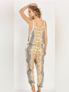 Cleobella Sleeveless Paisley Print Jumpsuit in Beige, Green & Pink Size XS